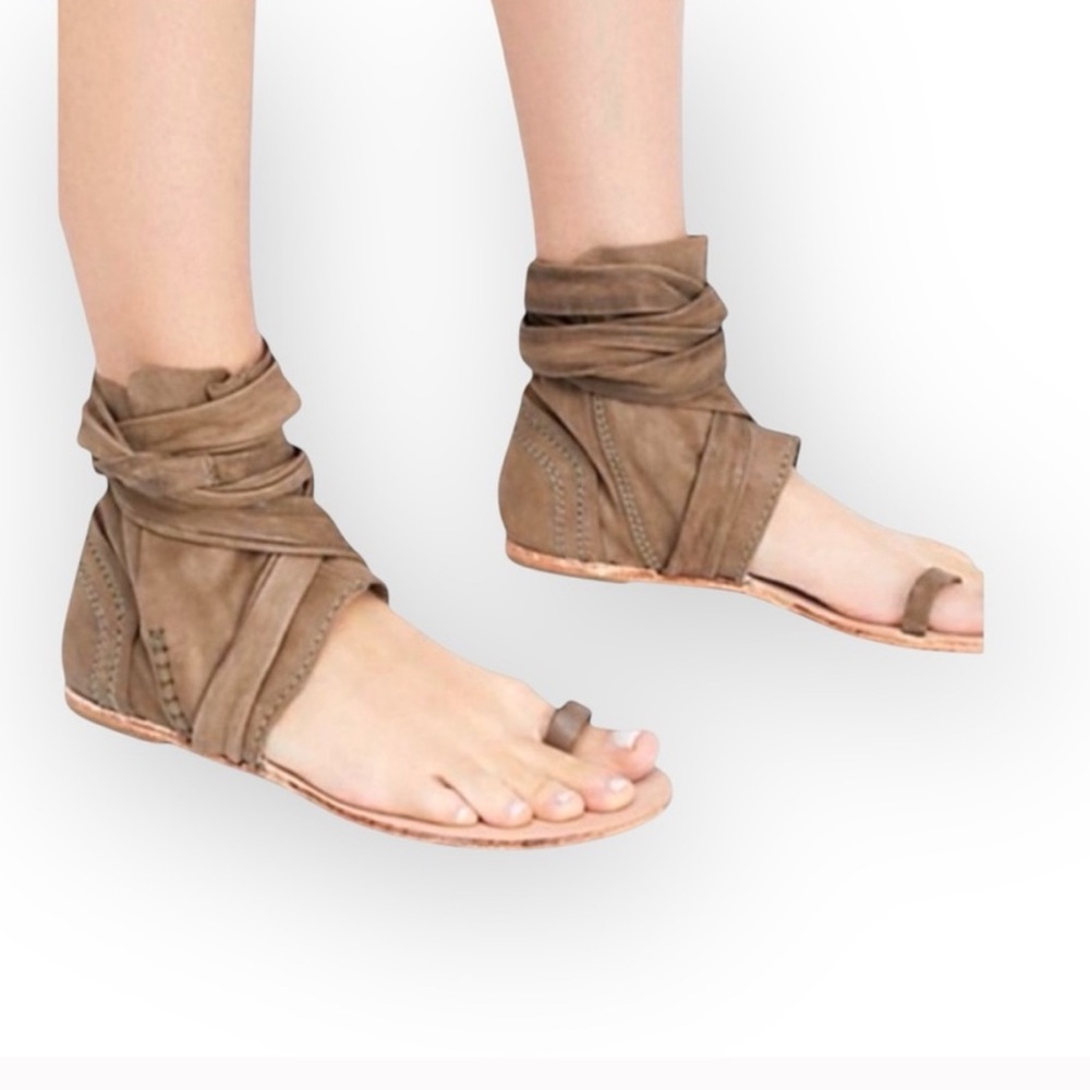Free People Delaney Wrap Boot Toe Ring Leather Sandal Khaki  Size 9 EU 40